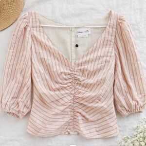 NWT Lovers + Friends Cottagecore Ruched Puff Sleeve Pink Stripe Top